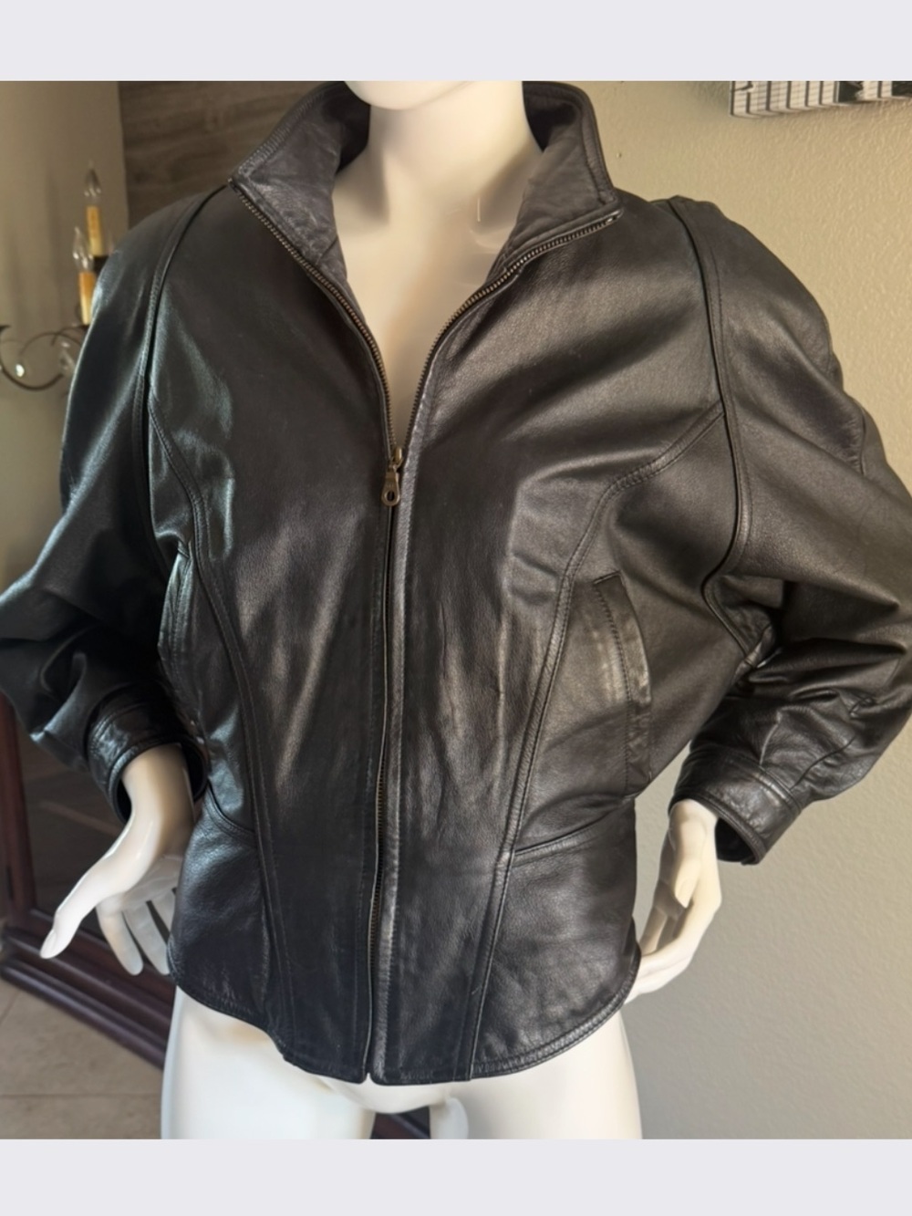 Black Leather Zip-Front Women's Jacket